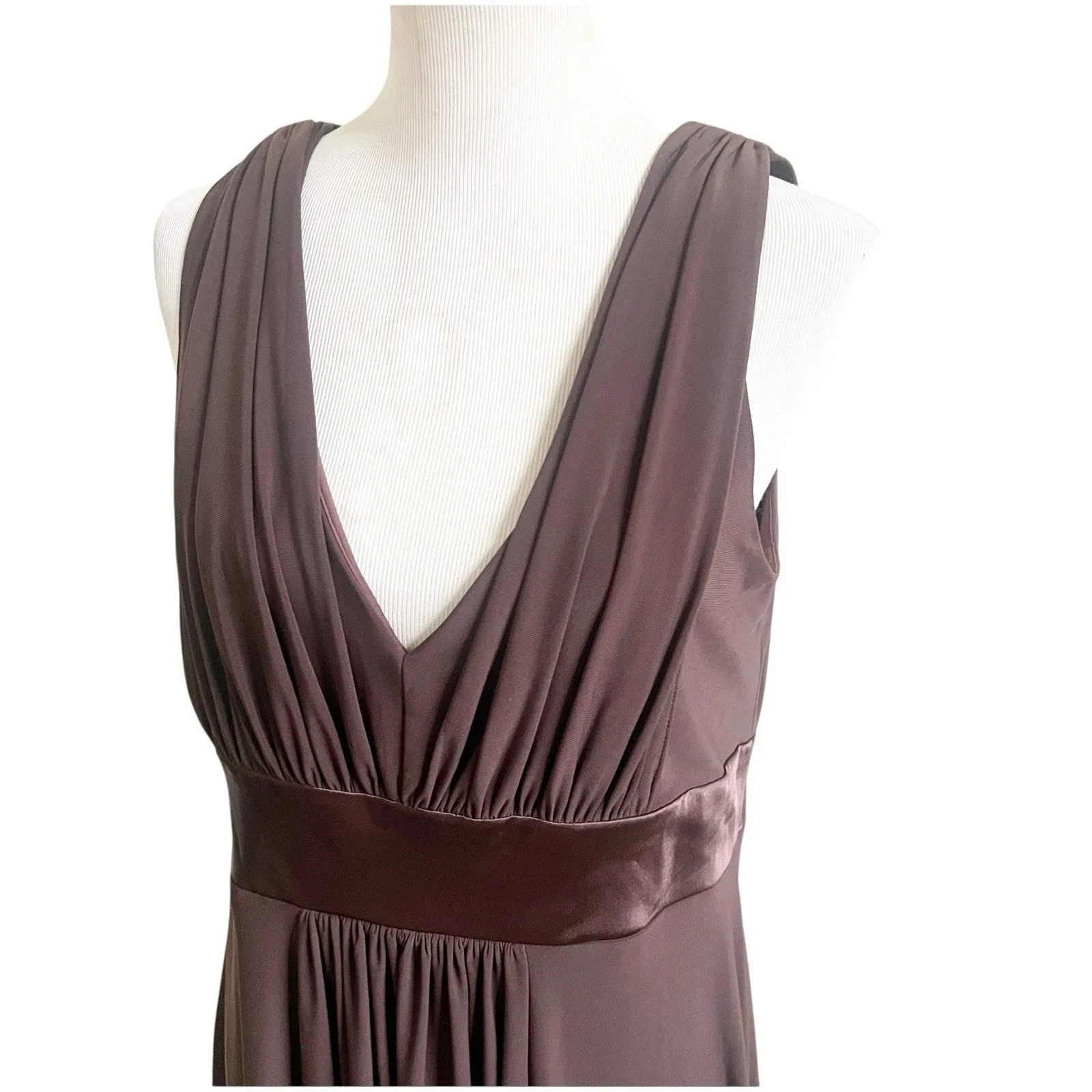 Jones Wear Jersey Dress Size 16 Brown Midi Satin Empire Waist Deep V Neck Draped - Image 4