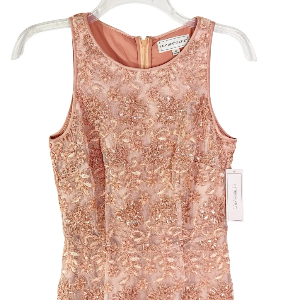 NWT Katherine Kelly Lace Dress Sheath Mesh Overlay Sequin in Peach Pink Size 2 - Image 7