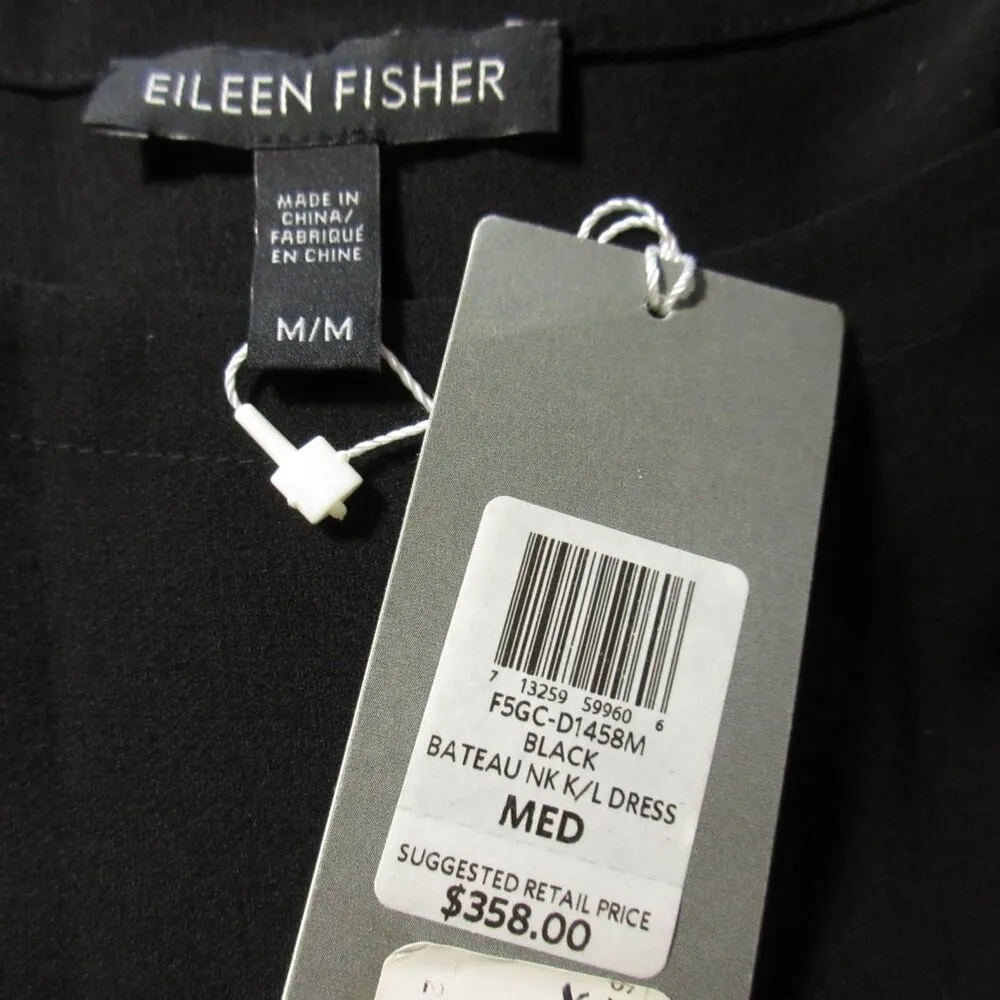 NWT Eileen Fisher Bateau Neck in Black Asymmetrical Silk Georgette Crepe Dress M - Image 3