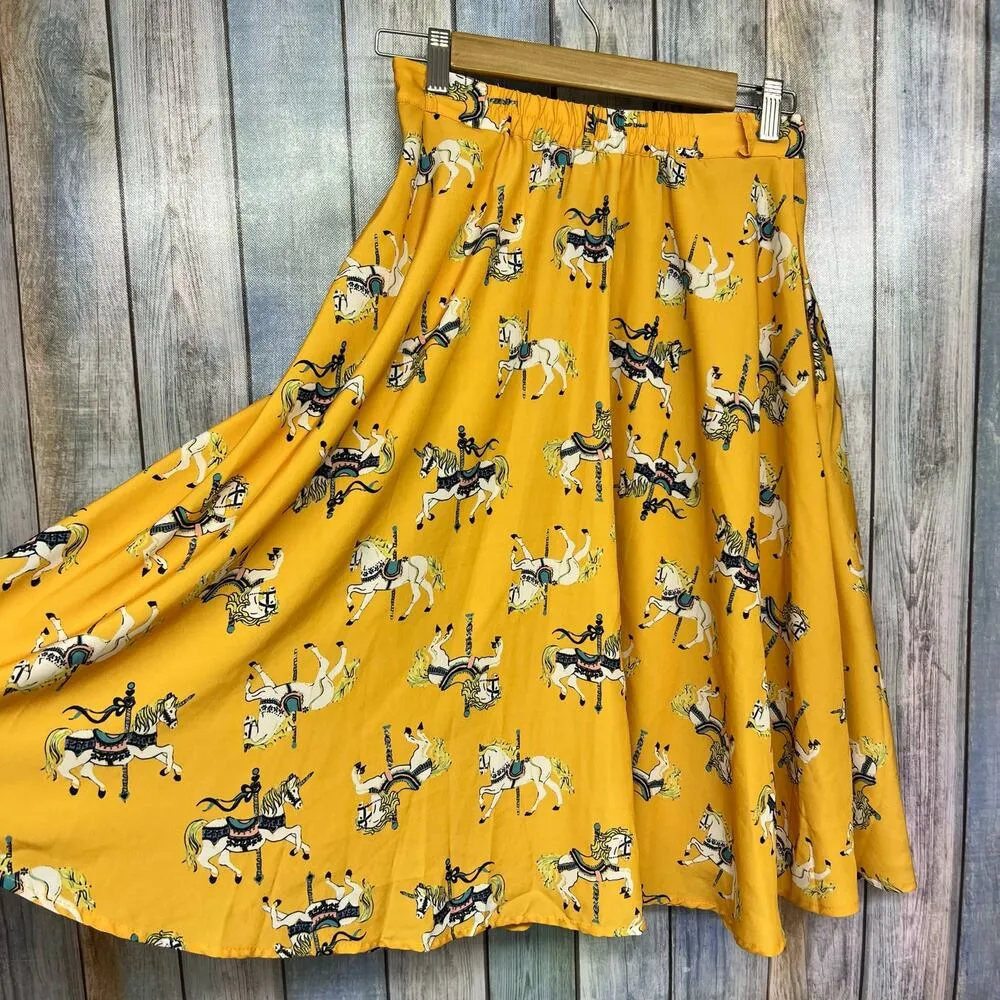 Modcloth Anthropologie Carousel Horse Skirt Size Small Yellow Carnival Unicorn - Image 3