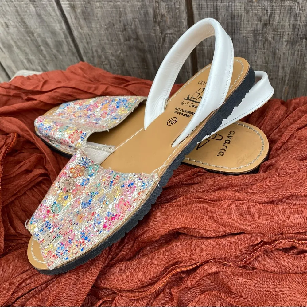 Avarca Mosaic Floral Spanish Leather Flat Sandals Size 9 Pink - Image 3
