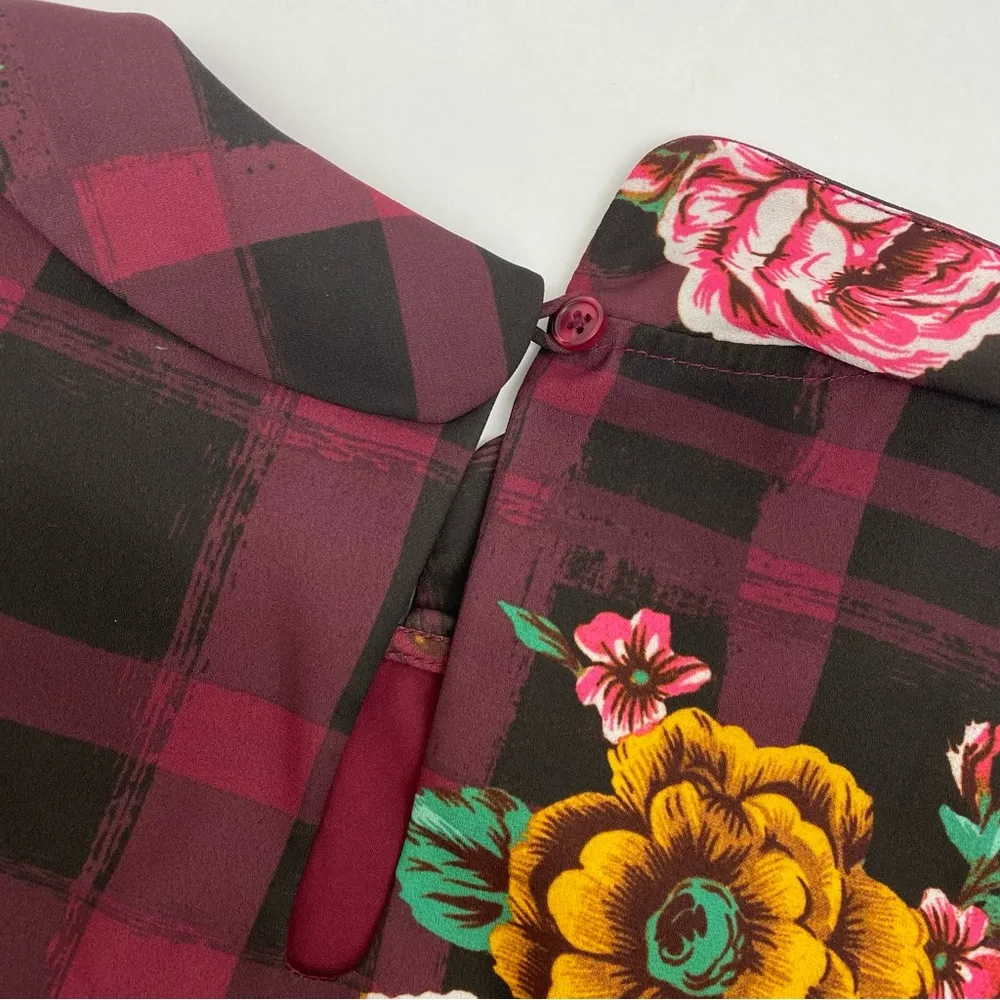 ModCloth Burgundy Floral Buffalo Check Joyfully Poised Collared A-Line Dress - Image 15