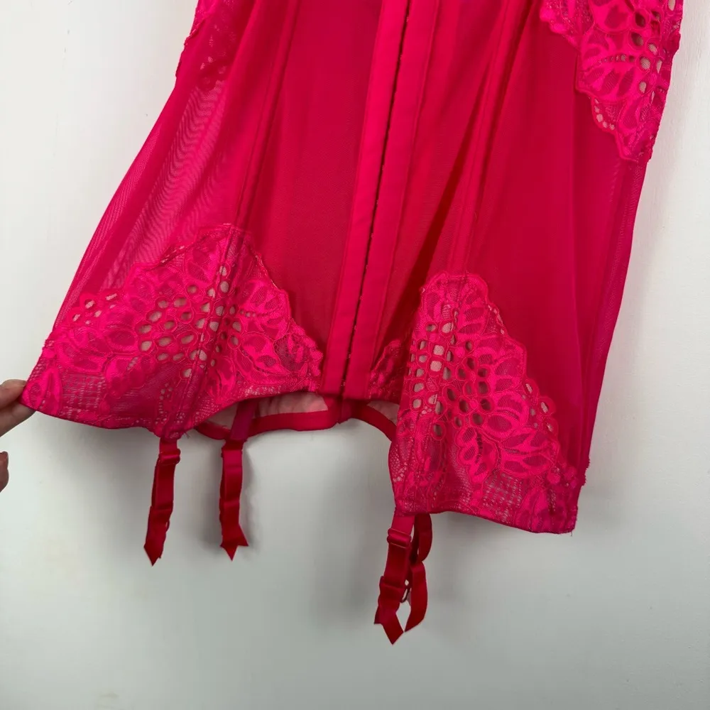 Victoria’s Secret Hot Pink Lace Mesh Corset Teddy Sz 36C Garter Straps Cutout - Image 14