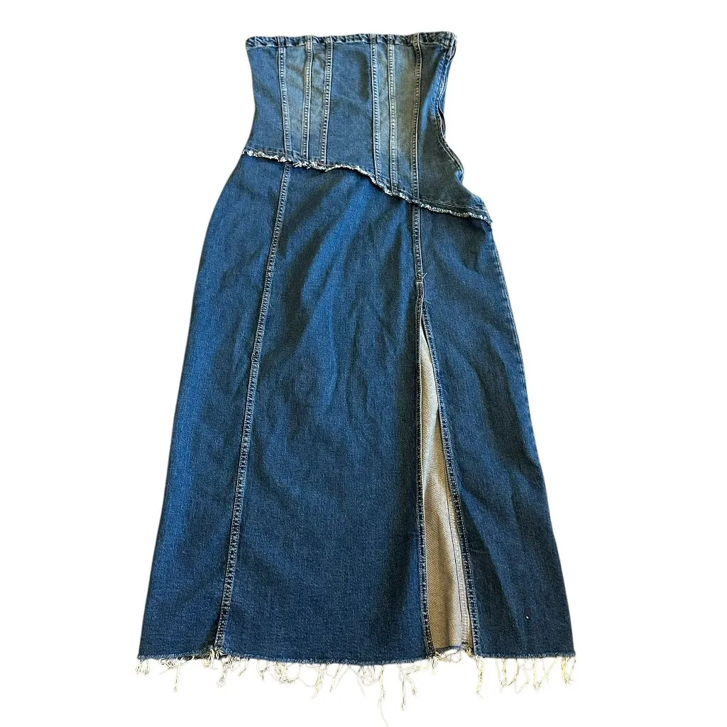 Zara Strapless Denim Dress Midi Length High Slit Rare Stretch Size Large Women's - Image 2
