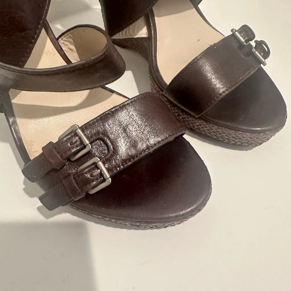 KORS Michael Kors Brown Leather Jute Wedge Sandals Size 8 - Image 5