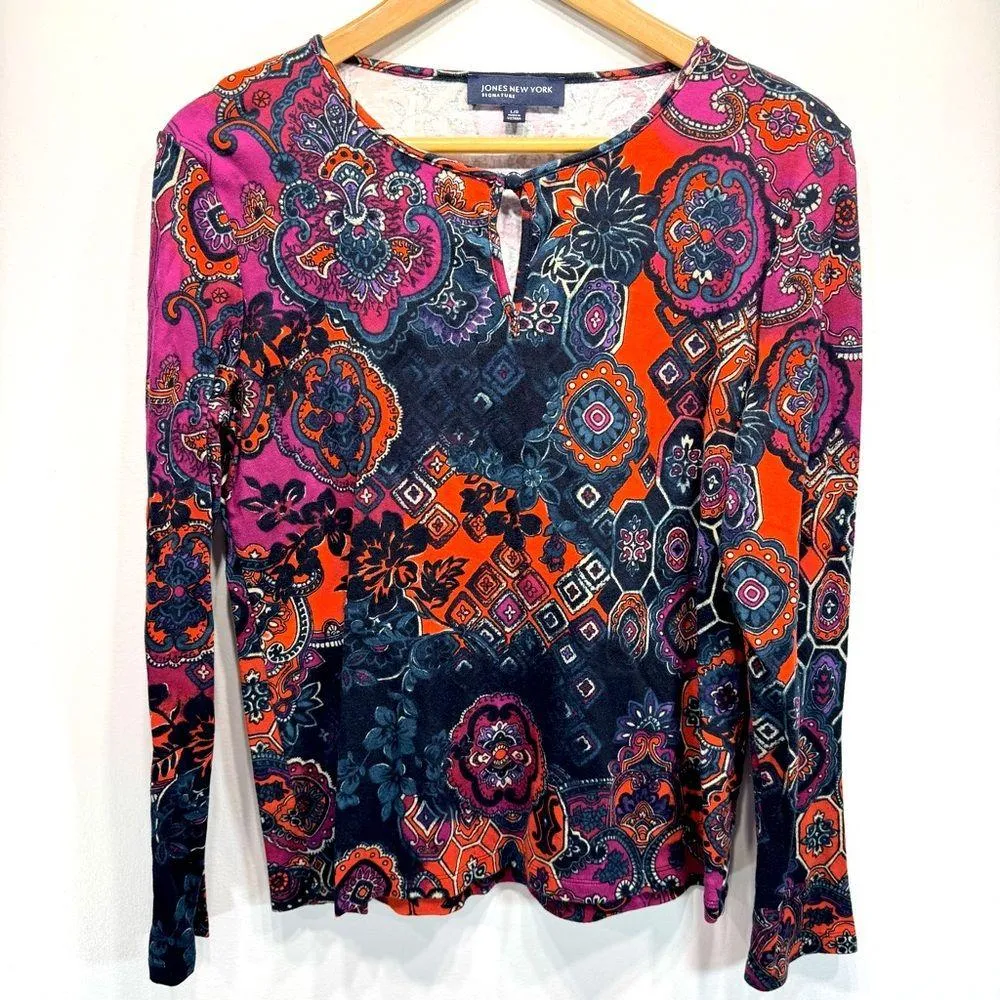 Jones New York Jewel Tone Fleur De Lis Keyhole Neck 100% Cotton Long Sleeve Top - Image 2