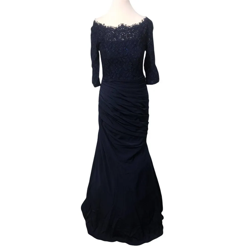 La Femme Gathered Lace Mermaid Gown Navy 24926 Size 6 NWT - Image 3