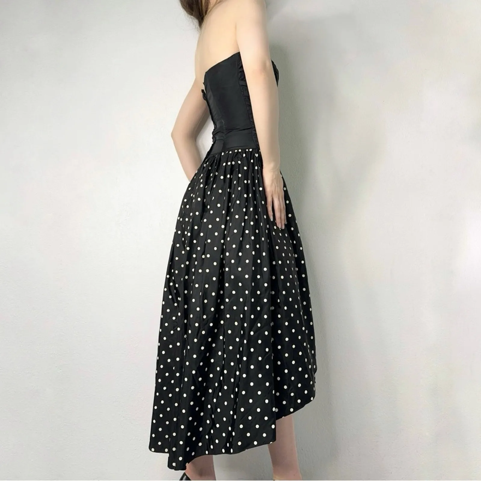 Vintage Y2K Gunne Sax Polka Dot Strapless Floral Dress High Low Rosette - Image 2