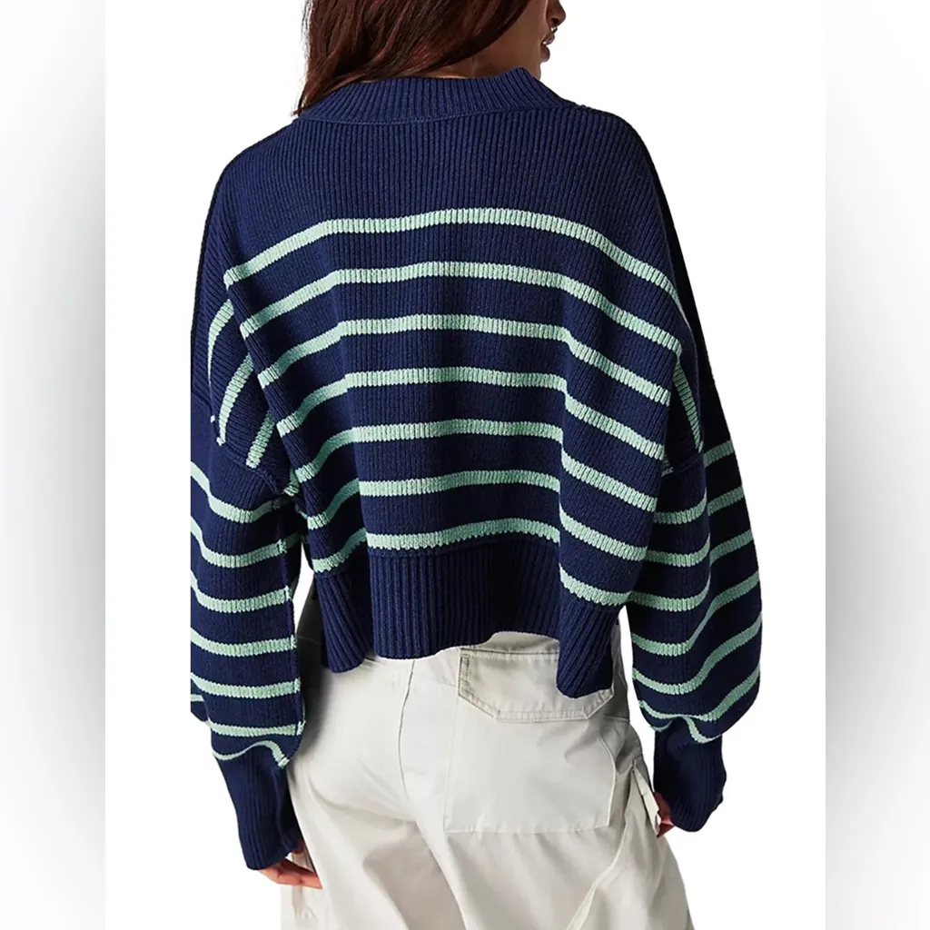 Free People Navy Stripe Easy Street Crop Sweater Blue / Green Size Medium - Image 2