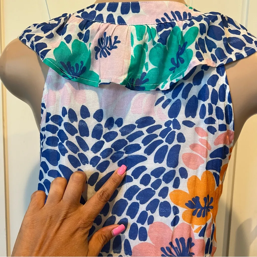 Oliphant L Silk cotton Blend ruffle v neck maxi dress floral multicolor ALTERED Blue Size L - Image 14