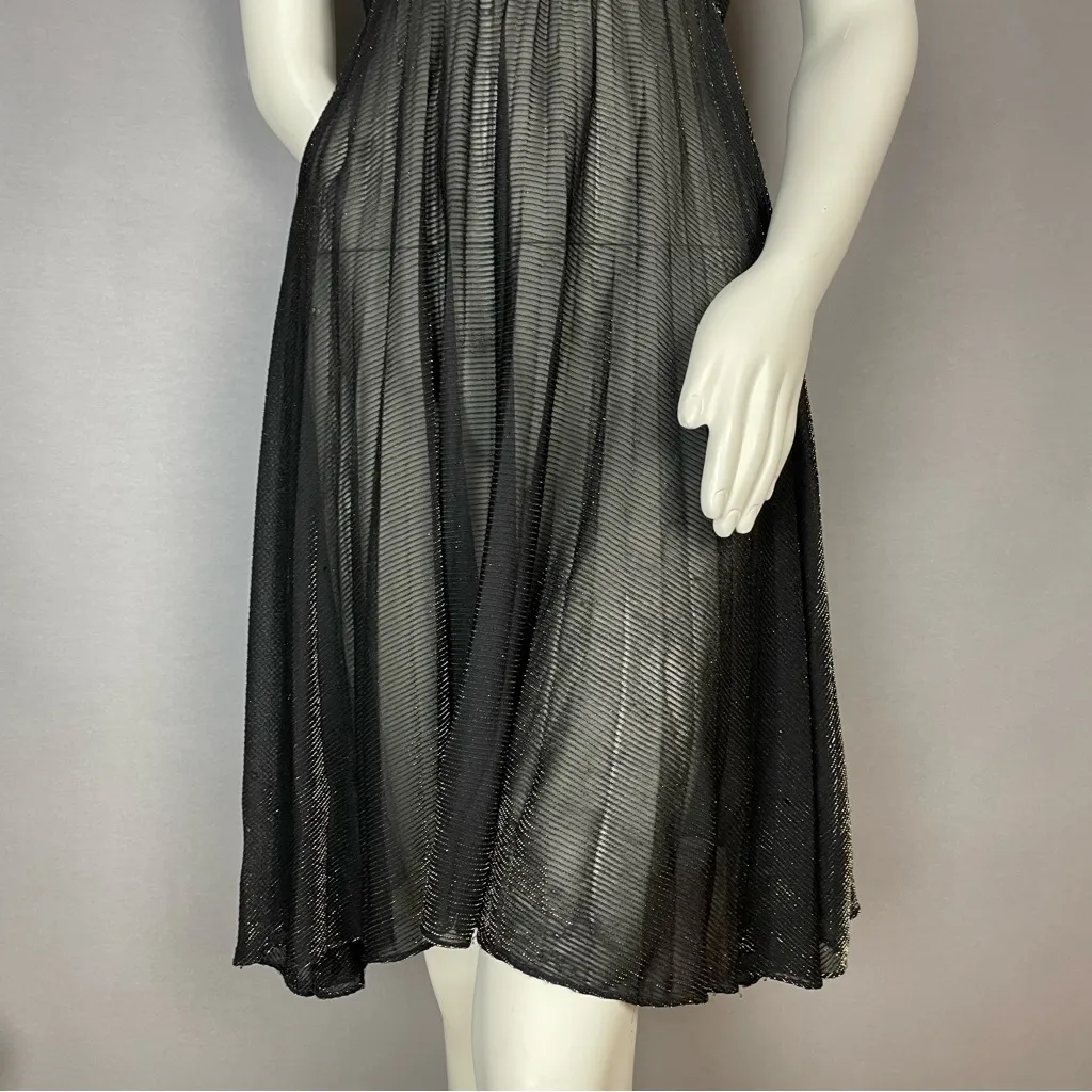 Vintage 70s Dress Metallic Gold Black Wounded Bird FLAWS Spaghetti Straps Pleats Size XS - Image 4