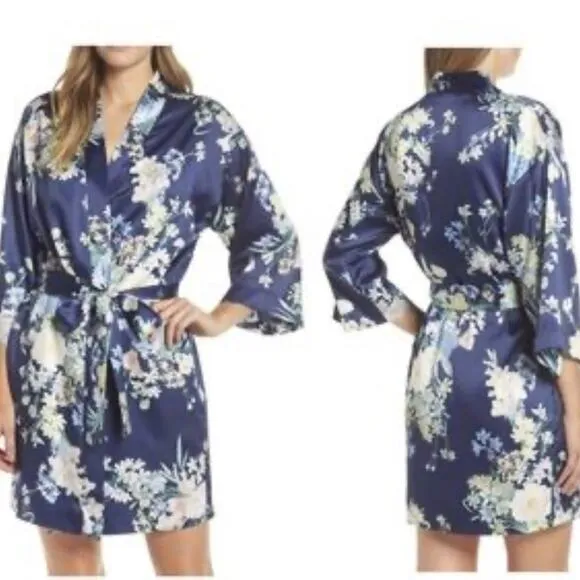 Flora Nikrooz Satin Blue Floral Print Petra Short Robe Tie Belt M/L Medium Large - Image 2