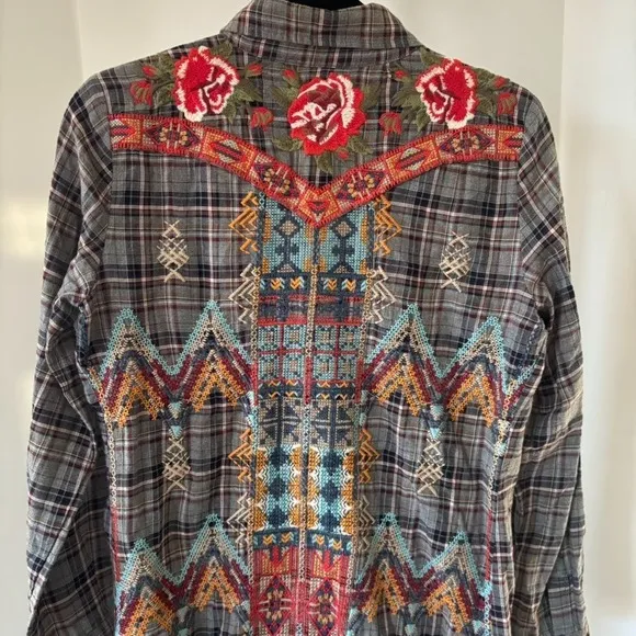 Johnny Was 3J Workshop Plaid Pearl Snap Up Tunic Western Floral Embroidered Boho - Image 4