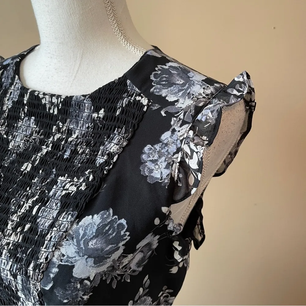 XHILARATION | Black White Floral Ruffle Sleeve Sleeve Smocked Dress Sz L - Image 4