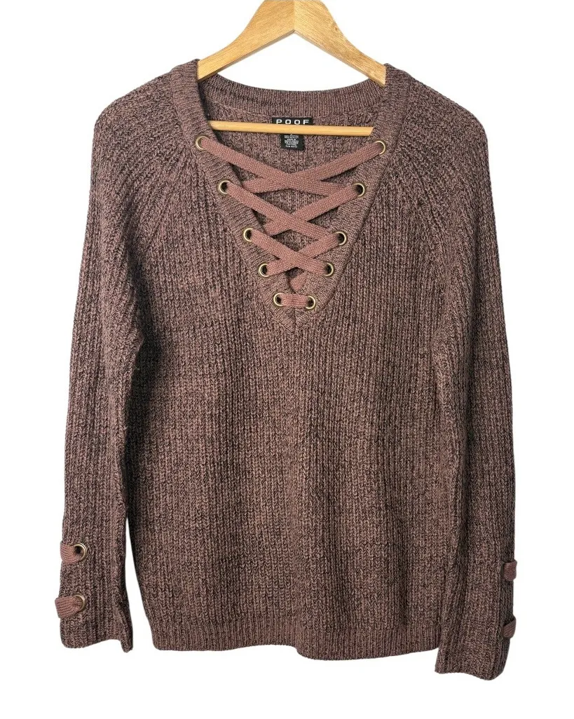 POOF New York Brown Knit Sweater Lace Up Long Sleeve Pullover Women Size Small - Image 1