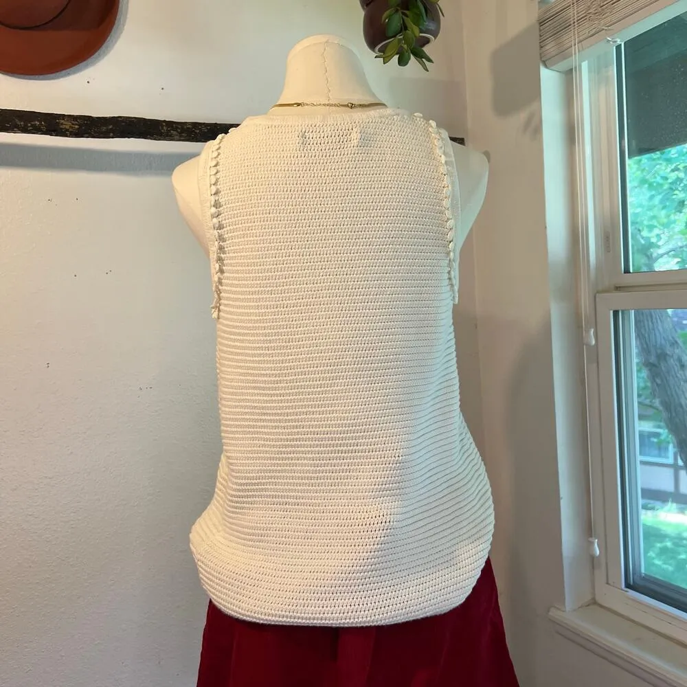 White Cotton Crochet Knit Loose Bubble Trim Sleeveless Tank Vest Size Medium - Image 5