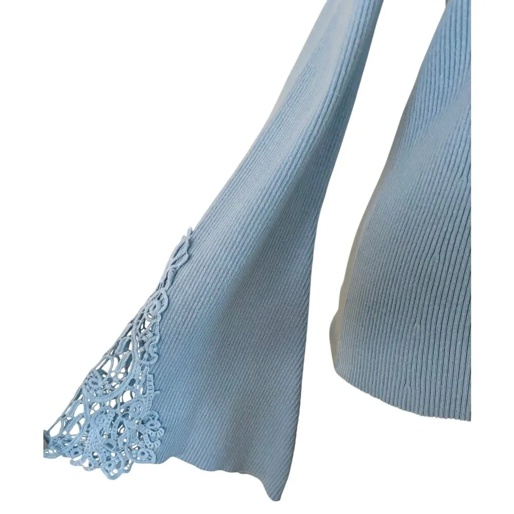 Boston Proper Blue Cotton Blend Stretch Crochet Embellished Cold Shoulder Top - Image 2