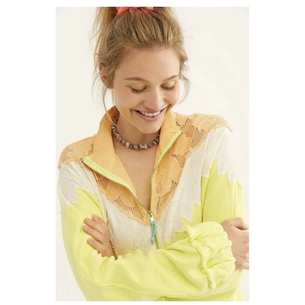 Free People Isla Quarter Zip Sweatshirt XS Oversized Lace Yoke Boho Lime Peach - Image 3