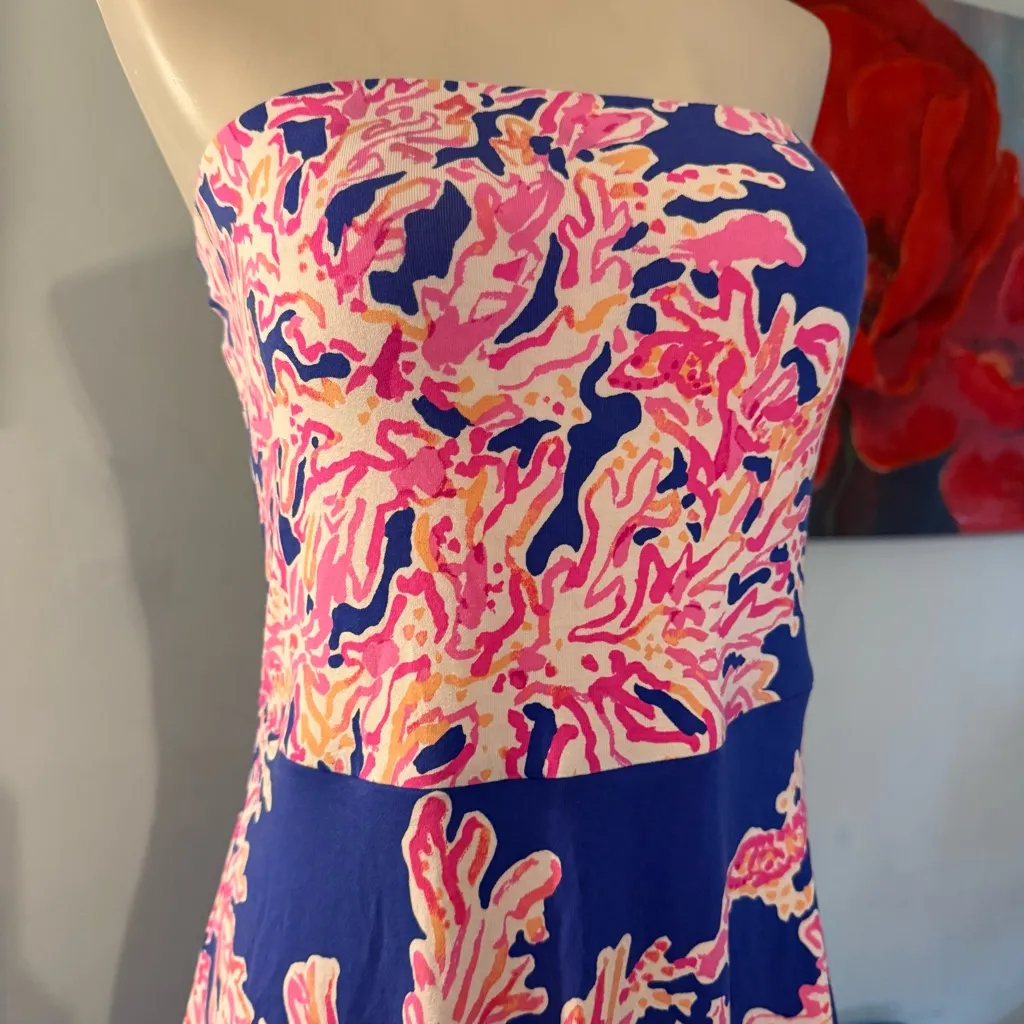 Lilly Pulitzer Lolita strapless midi dress Blue Pink SIZE M Medium Padded Chest - Image 2
