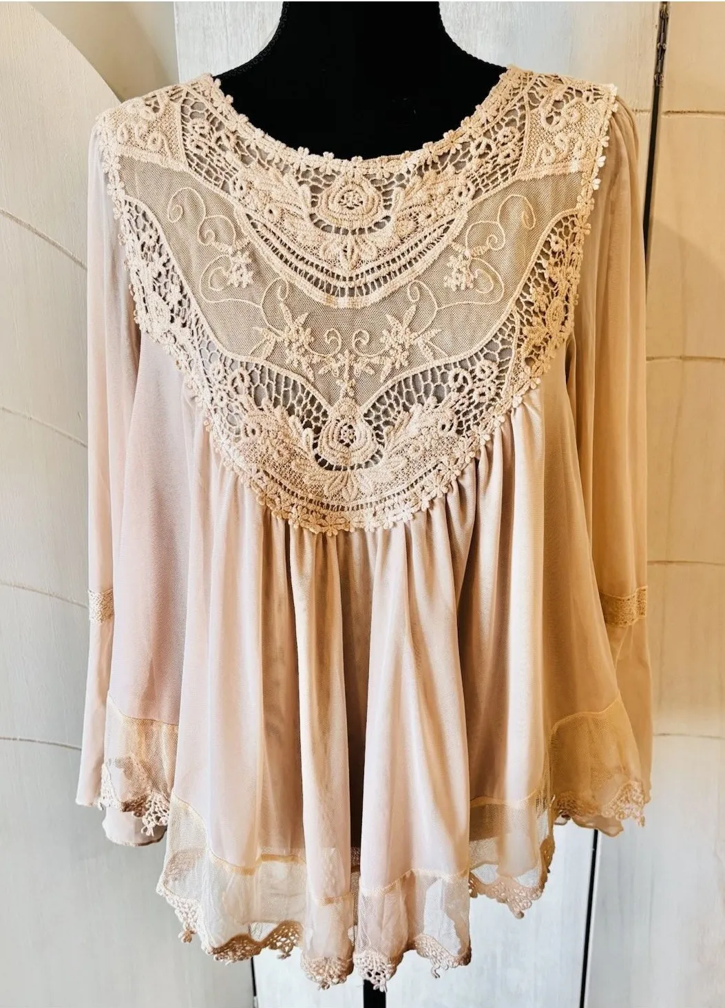 Ultra Pink Beige Lace Blouse Size Small Sheer Mesh Floral Trim Romantic Style - Image 1