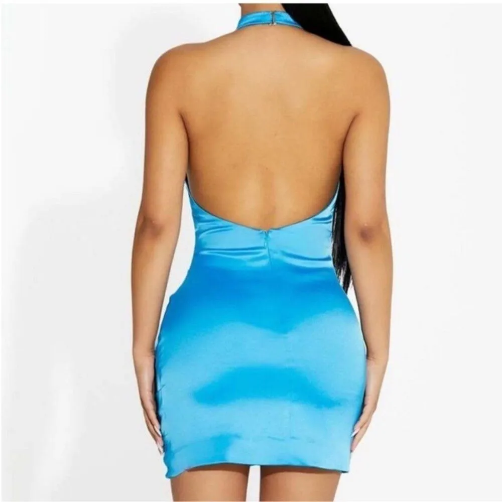 NWT Naked Wardrobe Flossy and Glossy Blue Halter Cowl Neck mini Dress Backless L - Image 4