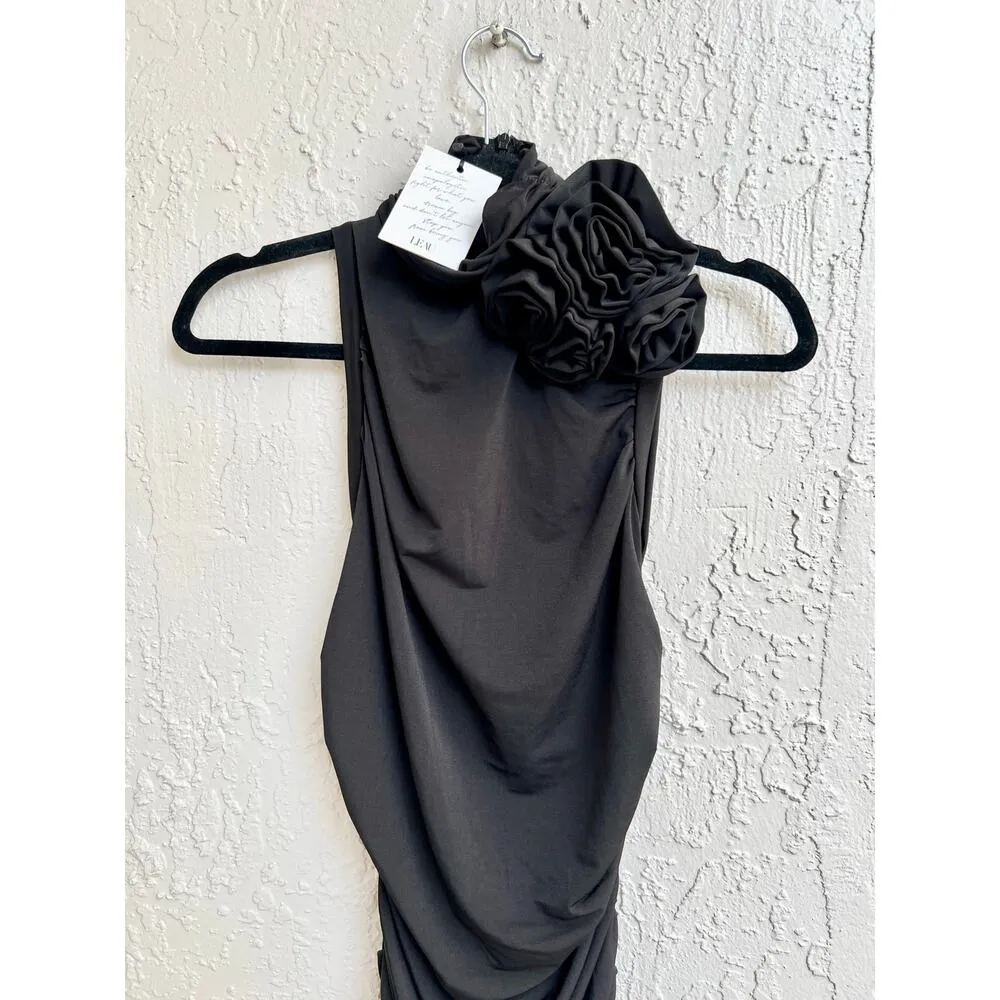 NWT Leau Sleeveless Drape Ruched Mock Neck Rosette Maxi Dress Black Women's XS - Image 3