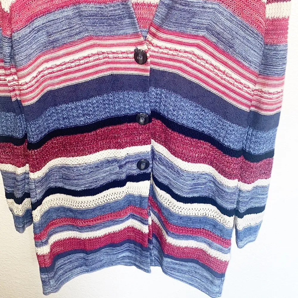 J. Jill Red Blue White Striped Knit Cotton Linen Blend Duster Button Cardigan - Image 3