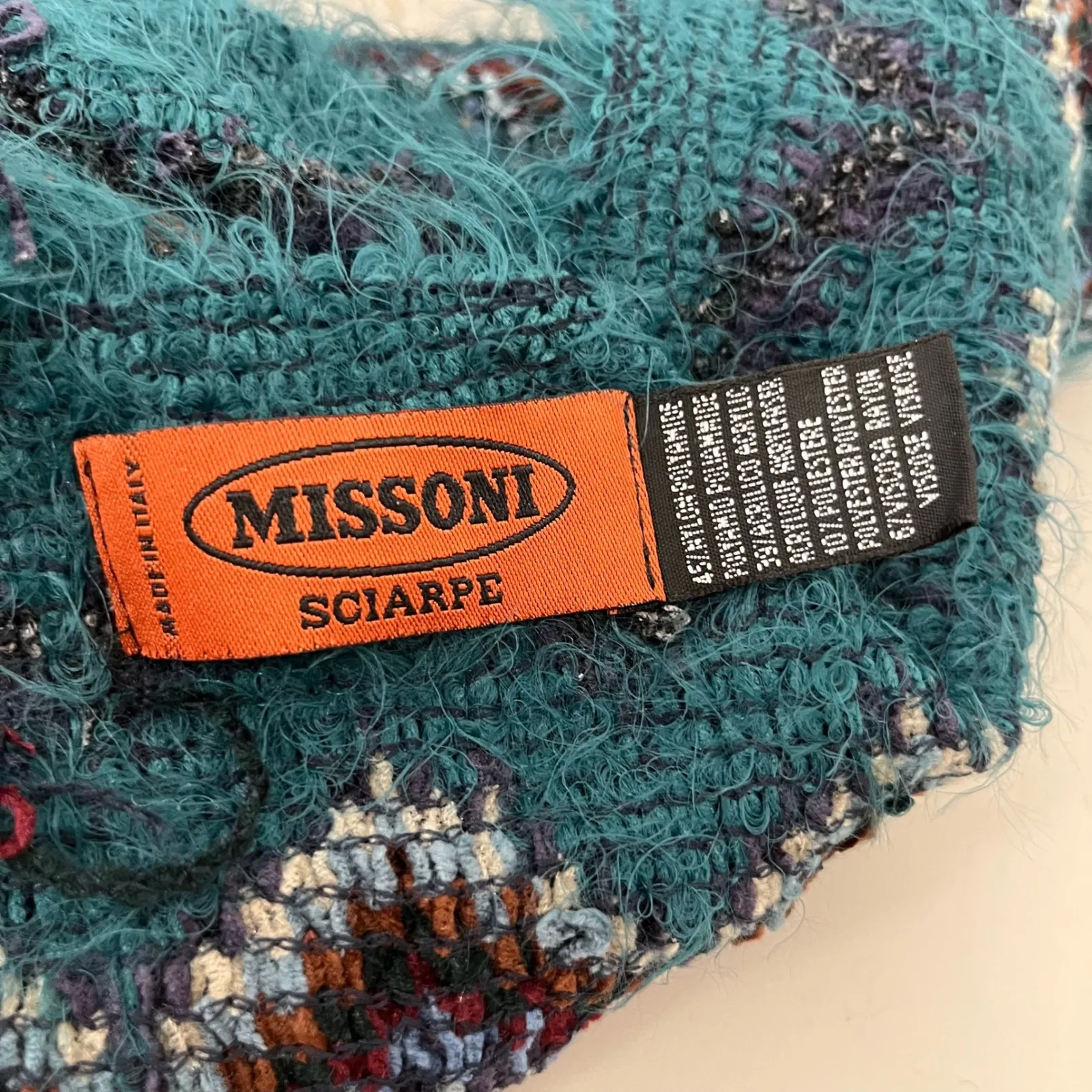 Missoni Sciarpe Teal Zigzag Pattern Long Fuzzy Scarf Textured Boho Luxury READ - Image 5