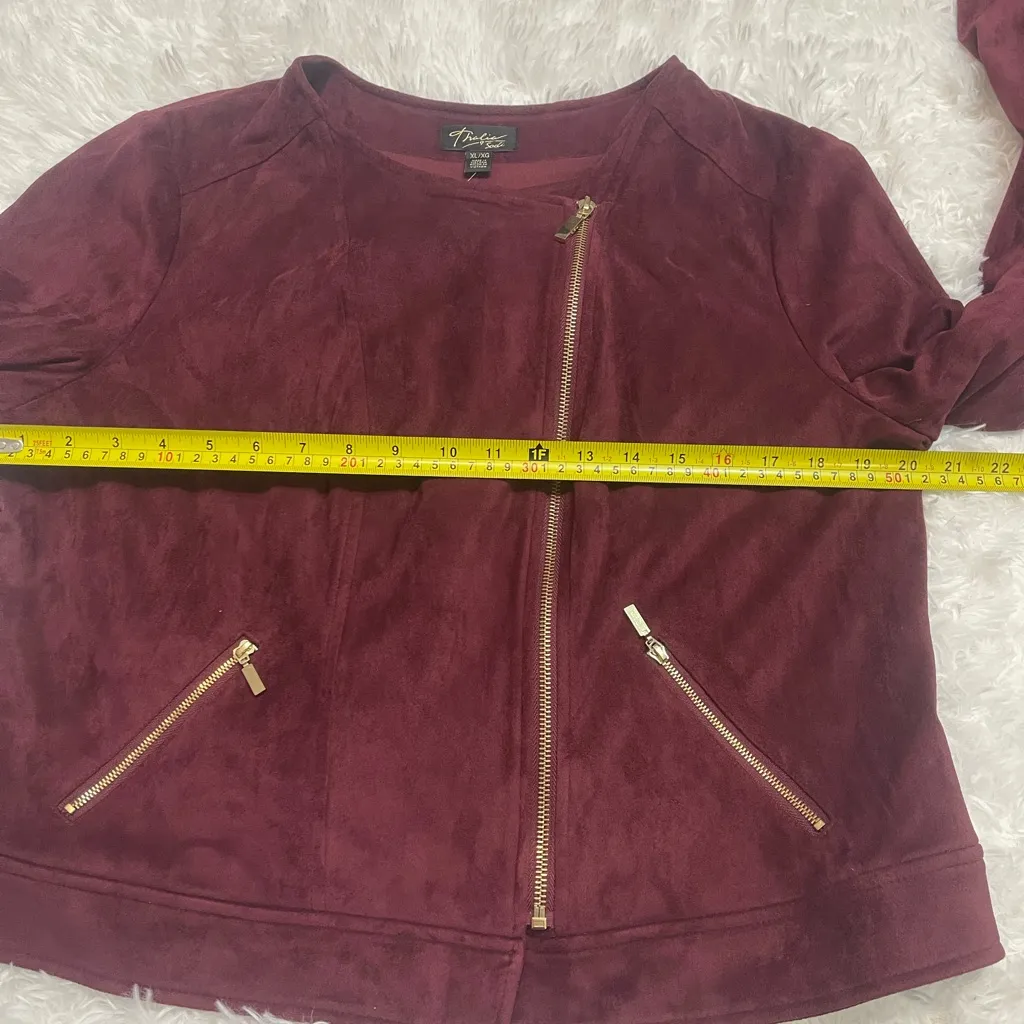 Thalia Sodi burgundy faux suede gold zipper jacket blazer woman’s XL NWT - Image 8