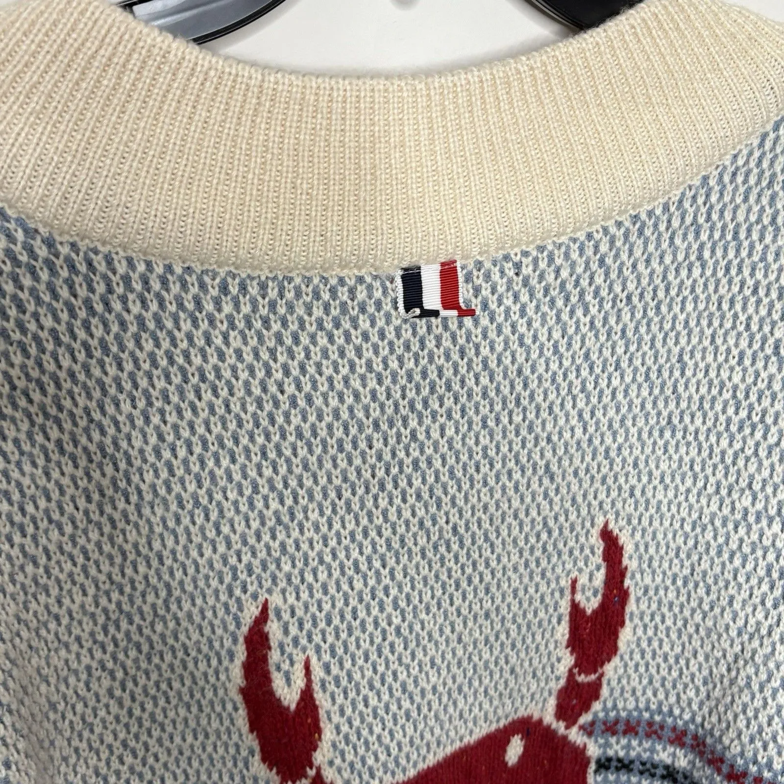 Yans Larat Red Crab Cream Blue V neck High Low Chunky Sweater Size Small Womens - Image 6