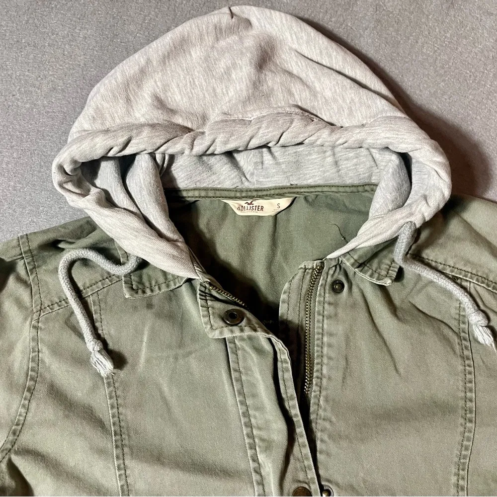 Hollister Women’s Utility Jacket Small Green Military Parka Hooded Zip Pockets - Image 2
