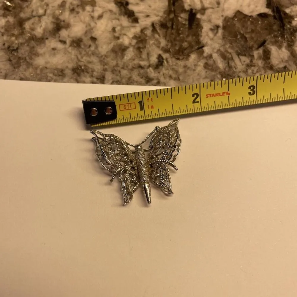 Signed Monet Silver Tone Metal Brooch Pin Butterfly Insect - Image 5