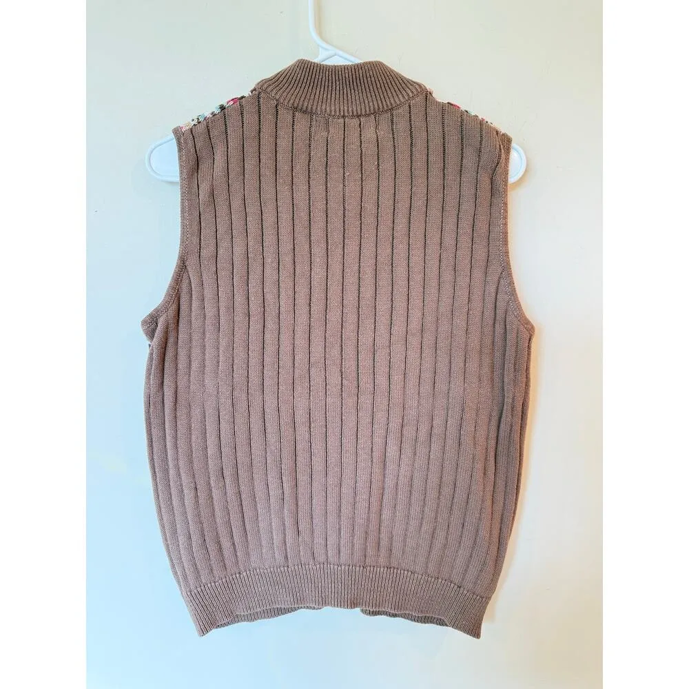 Alfred Dunner Sleeveless Full Zip Mock Neck Sweater Vest Fair Isle Brown Size PM - Image 2