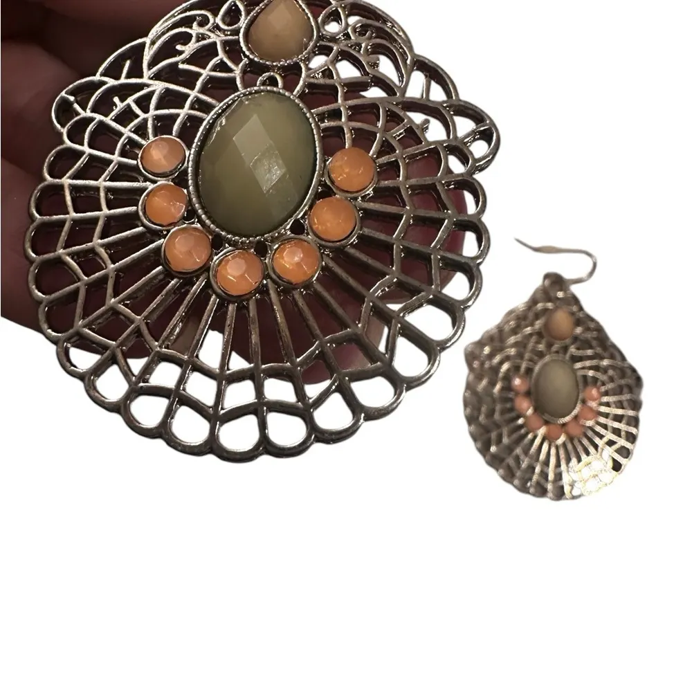 Filigree Look Silver Dangle Earrings Neutral Color Palate Y2K statement jewelry Orange - Image 5