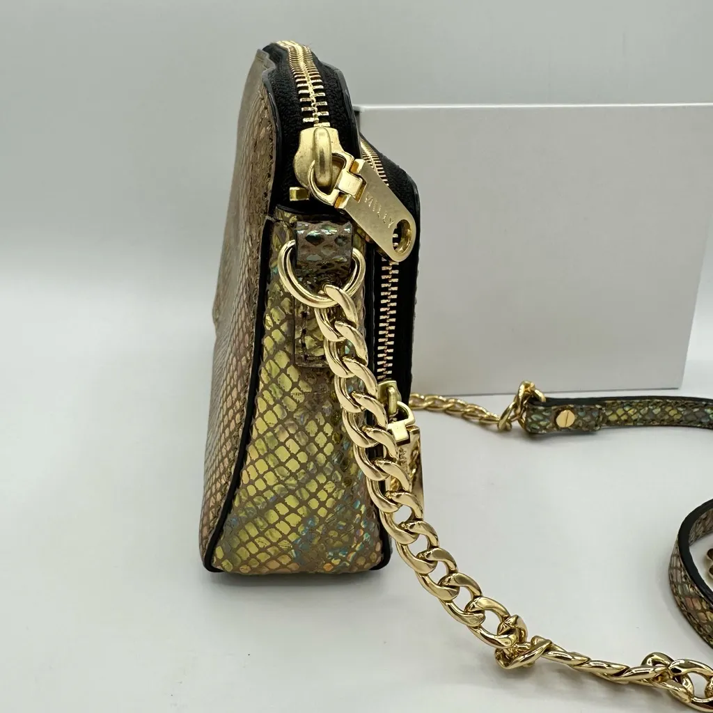 Milly Metallic Iridescent Gold Mini Crossbody Snakeskin Party Bag Chain Strap - Image 8