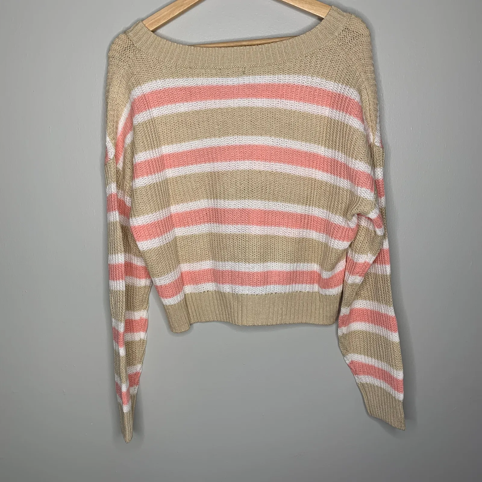 Tan / Khaki and Pink Striped Cropped Sweater New With Tags Medium Wild Fable - Image 4