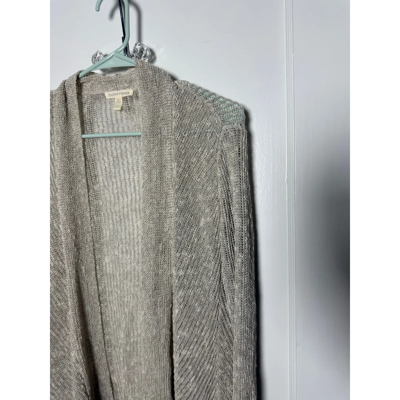 Eileen Fisher Oatmeal Beige Open Knit Linen Blend Cardigan Sweater Women's Small - Image 3