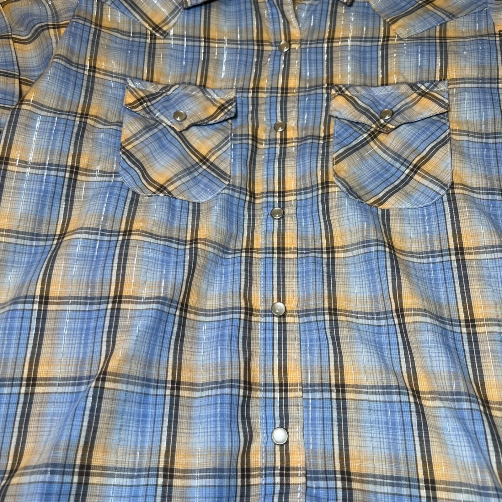 Wrangler Vintage Wrancher Western Shirt Women Medium Blue Plaid Short Sleeve Y2K - Image 13