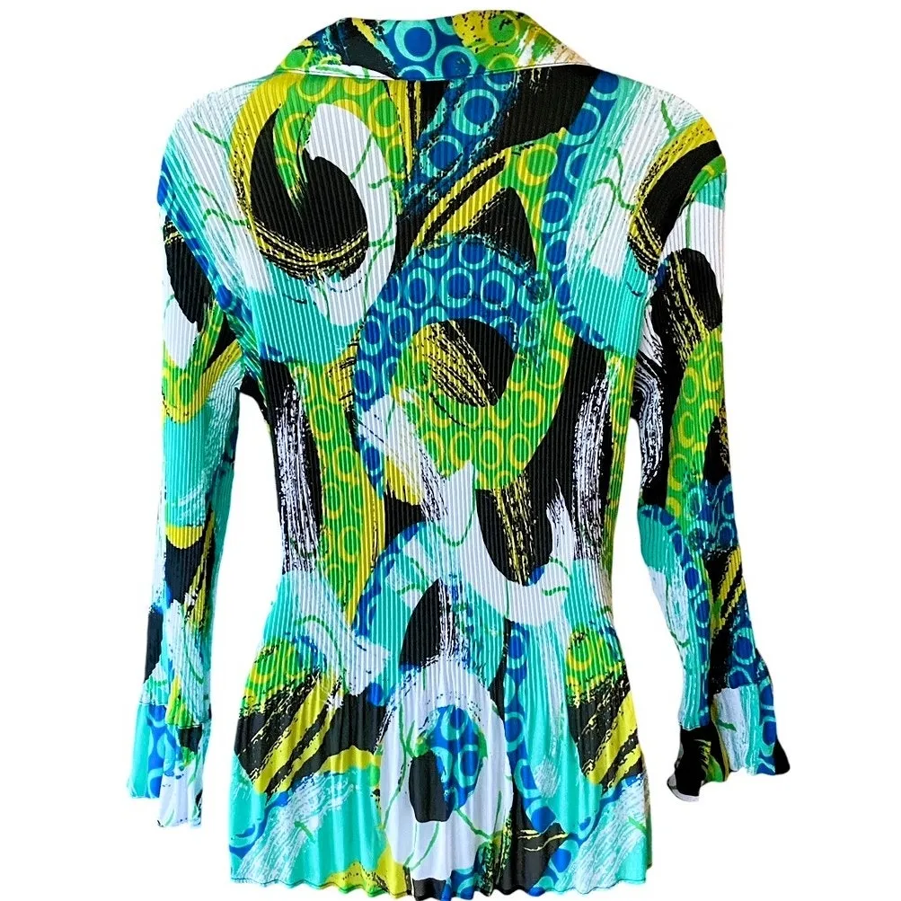 SERENADE Retro 60's 70's Psychedelic Accordion Multicolor Blouse ~ Womens MEDIUM Green - Image 3
