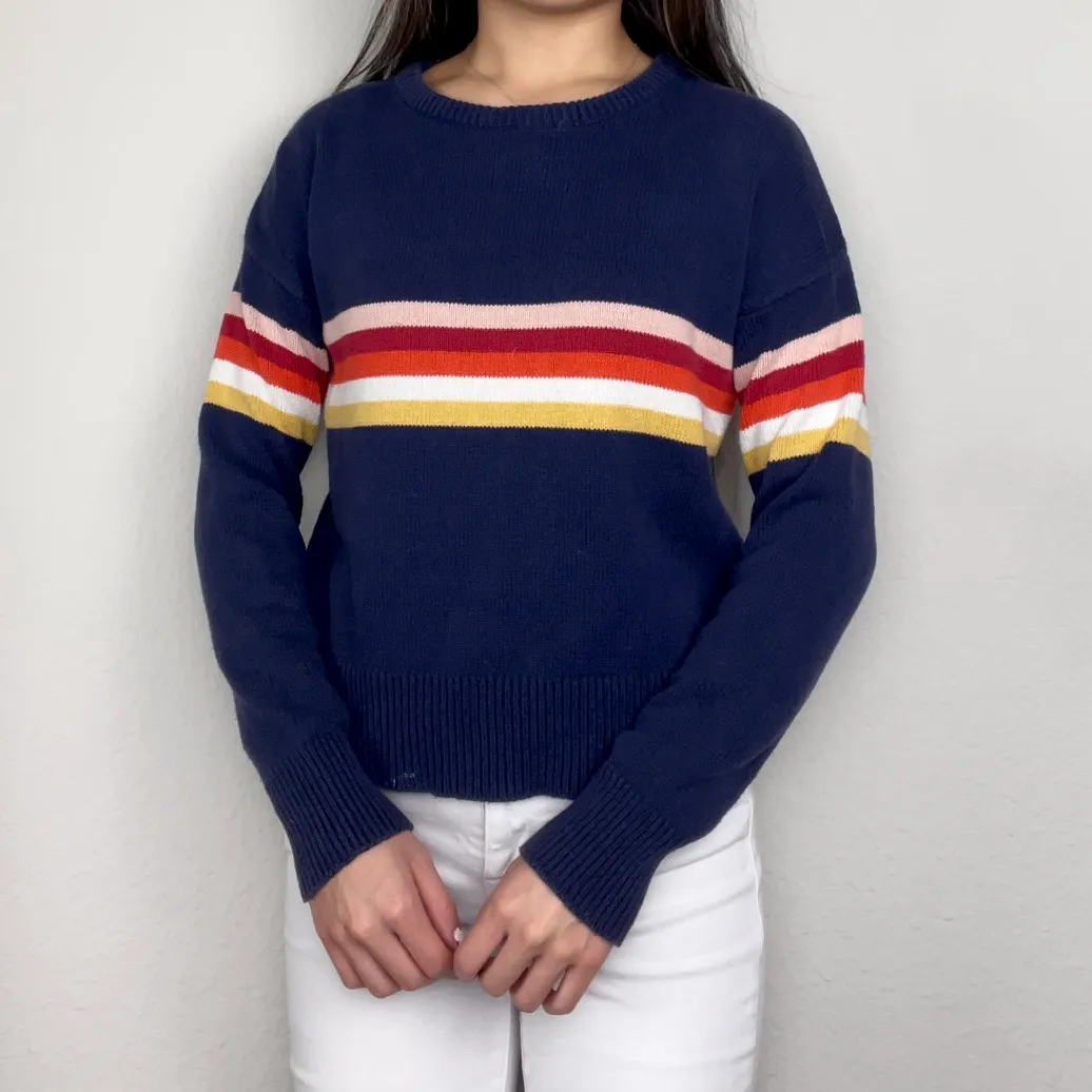 Dark Navy Blue Sunset Chest Striped Knit Crewneck Sweater | Sky & Sparrow - Image 5