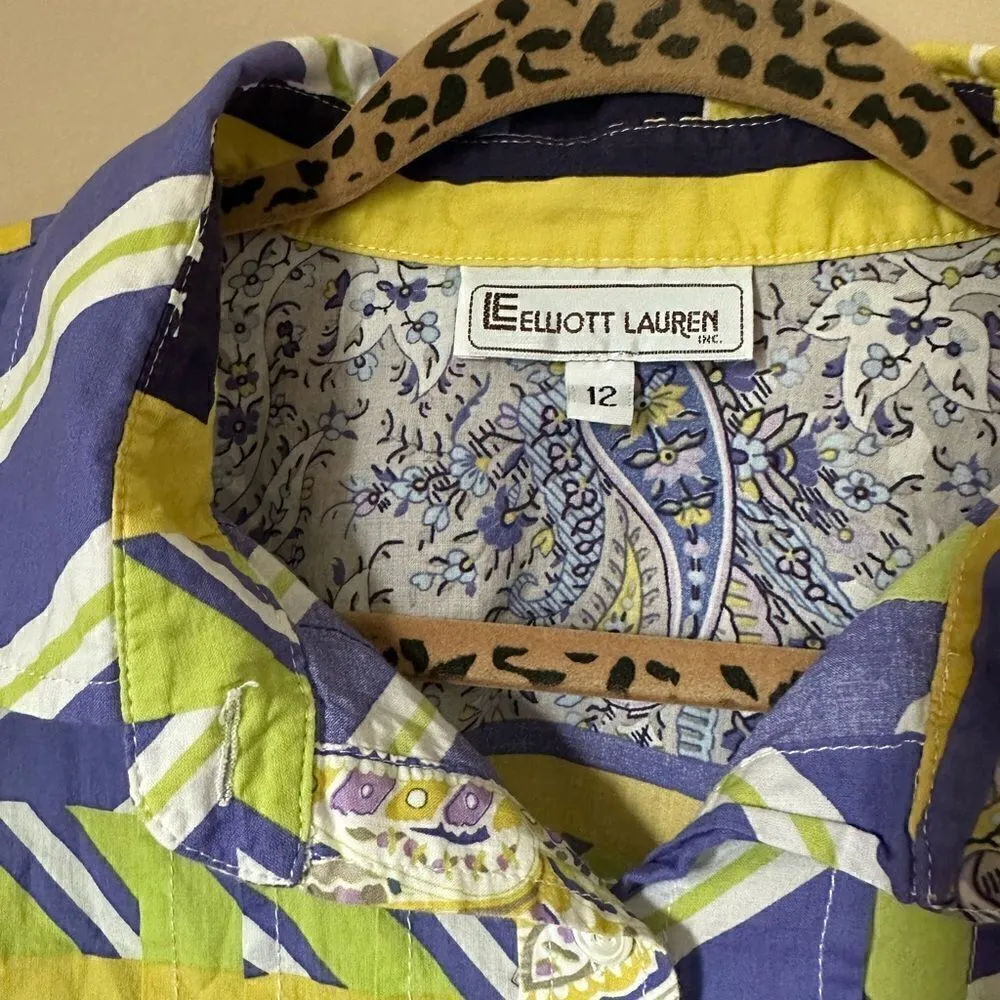 Vintage Elliott Lauren Funky Retro Mixed Print Button Up Top Yellow Size 12 - Image 6