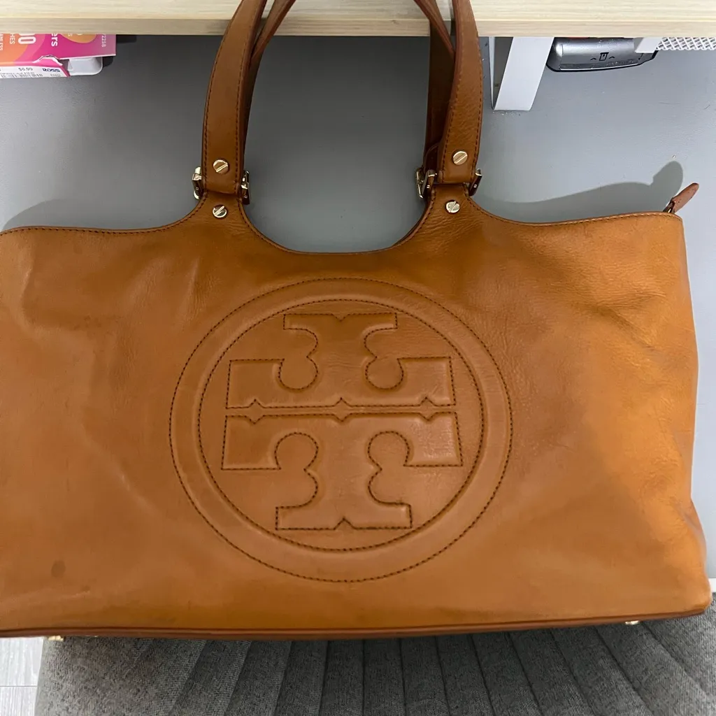 Tory Burch Leather Tote Bag Brown Logo Zip Top Large - Image 9