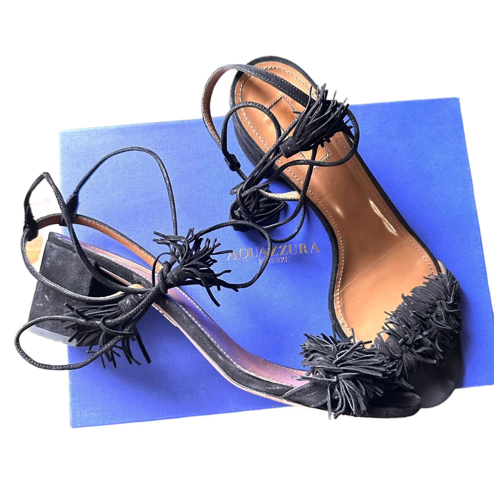 AQUAZZURA Wild Thing‎ 50 Suede Ankle Wrap Sandals w BOX Sz 41 Black - Image 3