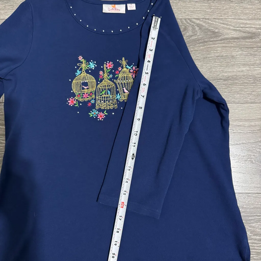 Vintage Quacker Factory Navy Top with Beautiful Birdcage Embroidery 3/4 Sleeve M - Image 10