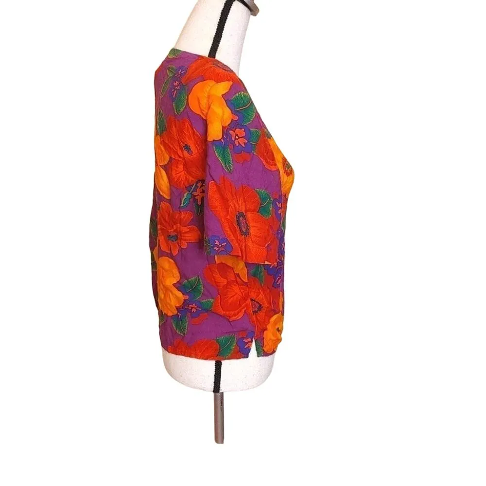 Nouveau Floral Flowers Vintage Retro Bright Rayon Size Medium M Shirt Blouse - Image 10