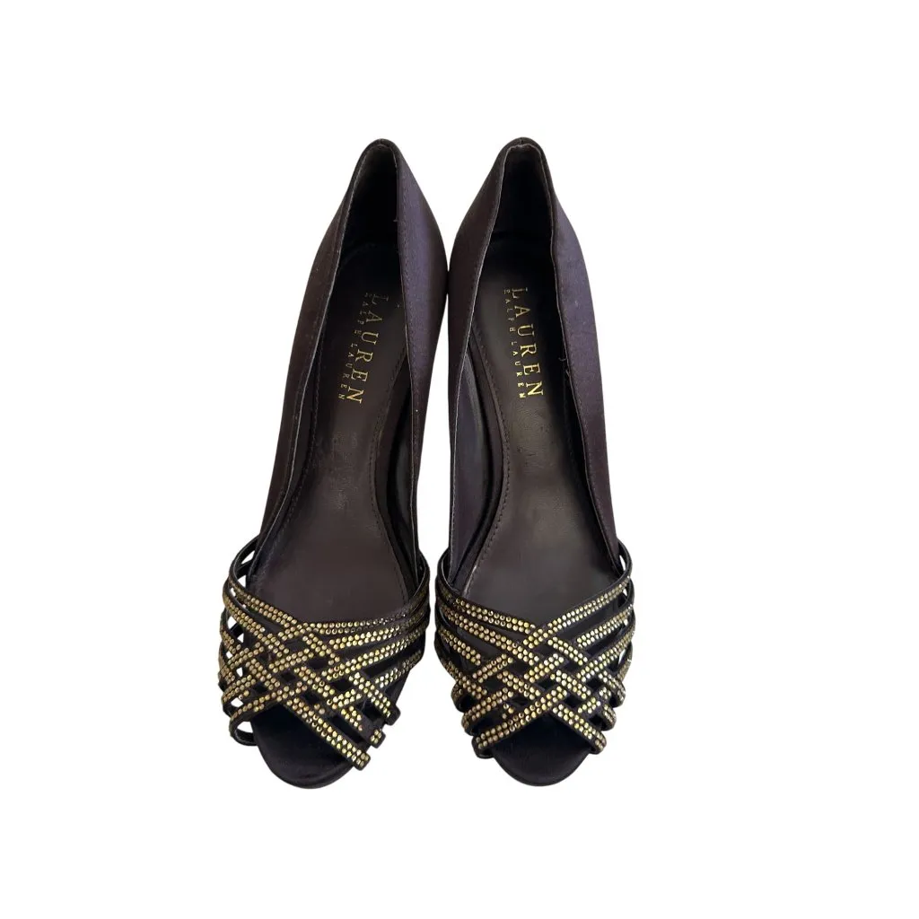 LAUREN RALPH LAUREN Brown Satin Jeweled Heels Size 6 - Image 3