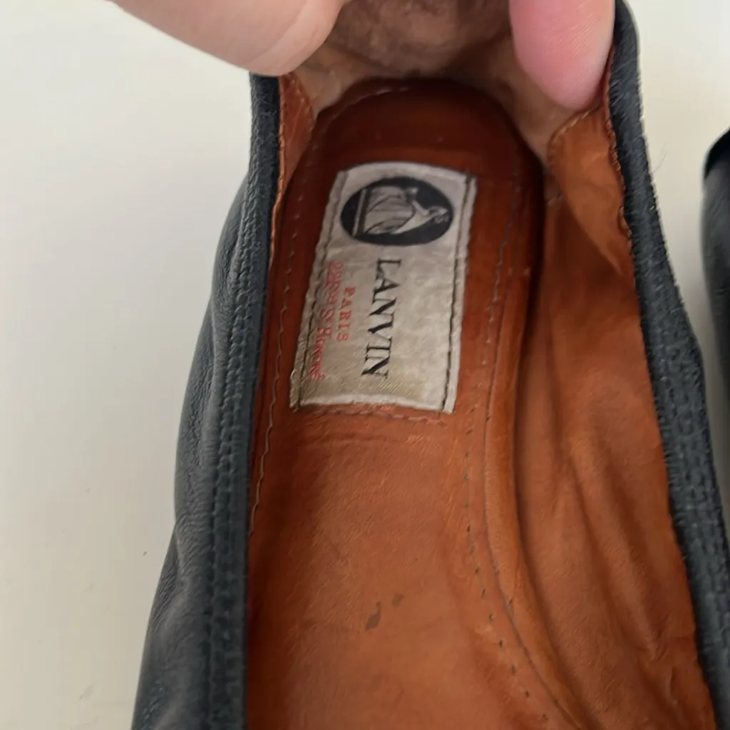 Lanvin Black Leather Ballerina Flats with Pearl Ankle Strap in Size 36 37 - Image 6