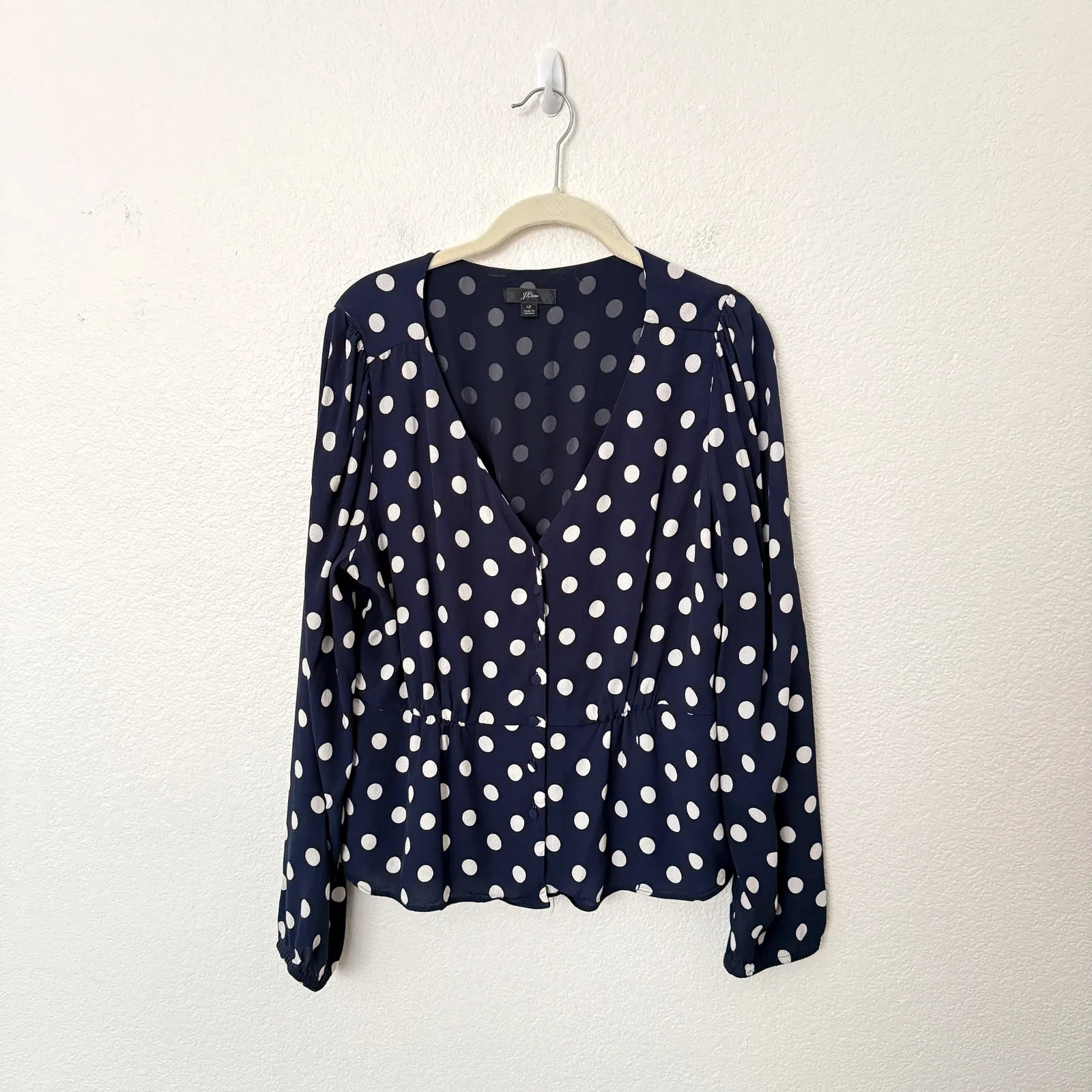 [J. Crew] Navy Blue White Polka Dot Long Sleeve Crepe Peplum V-Neck Blouse Sz 12 - Image 3