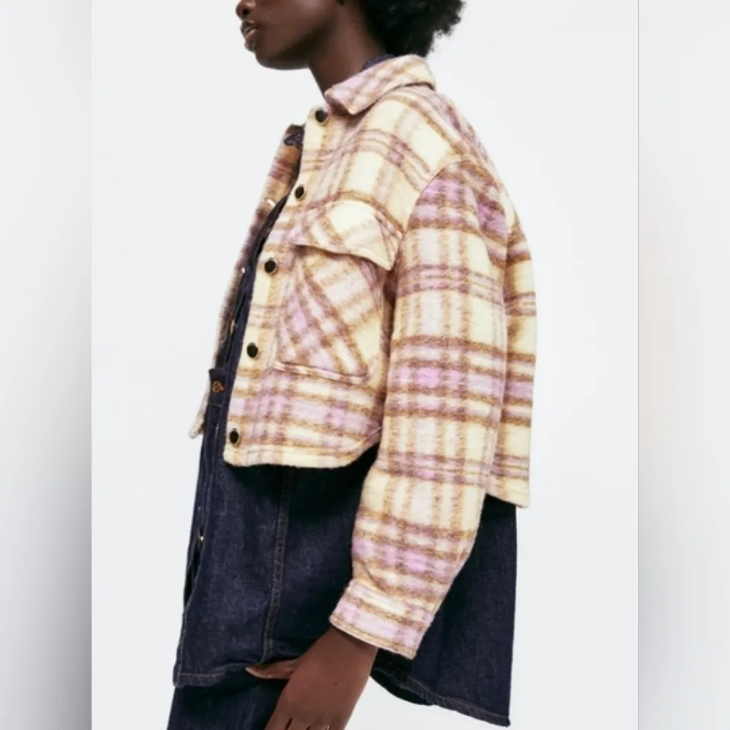 Zara Plaid Cropped Jacket in Purple and Cream - Image 3
