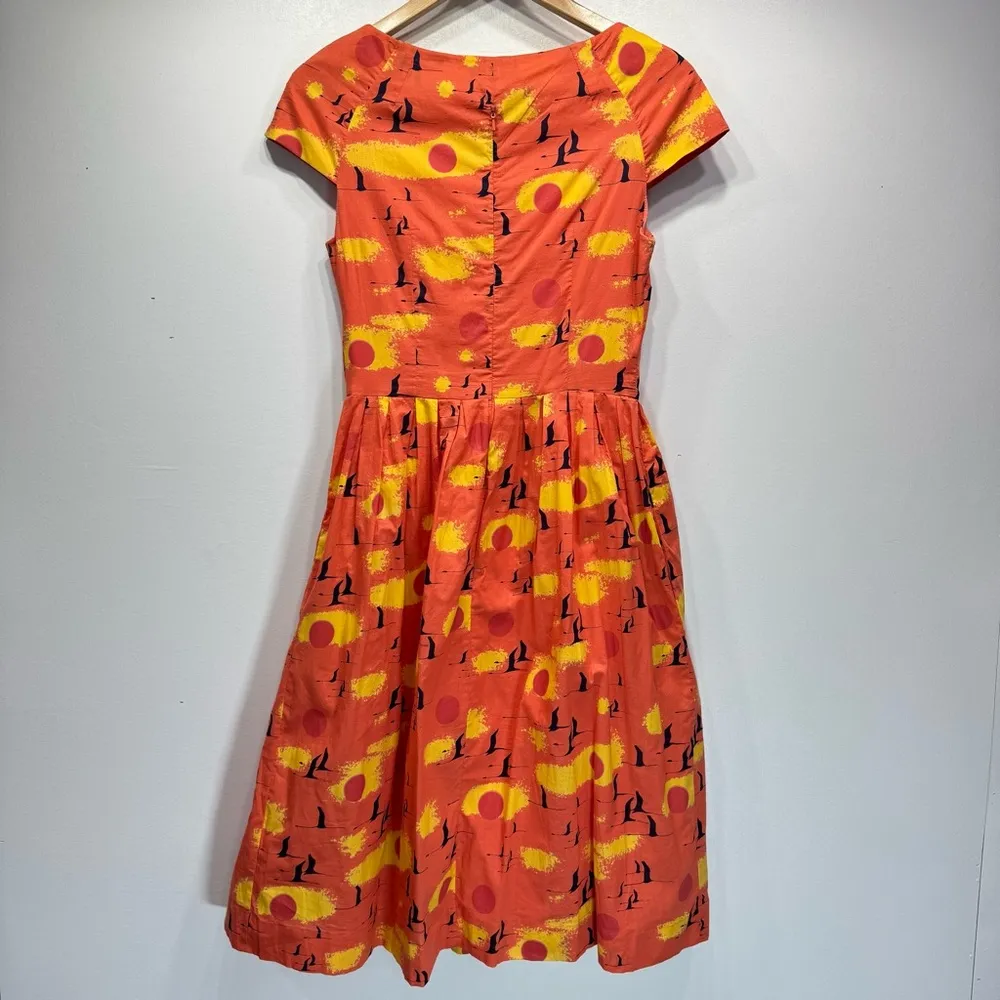 Summer Sunset Flying Birds 100% Cotton Pleated Skirt Midi Dress by Emily & Finn Orange - Image 4
